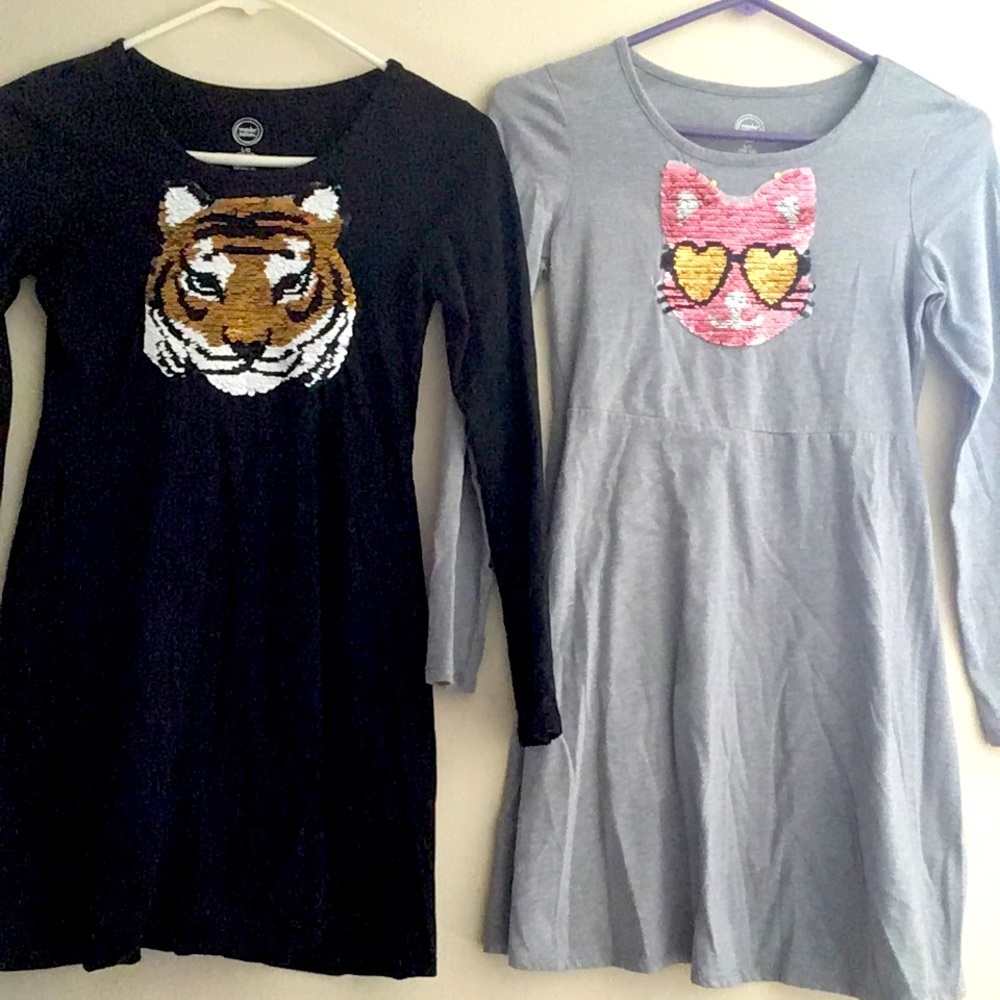 2 Girls Dresses with Flippy Sequins Tiger Cat Long Sleeve Wonder Nation 10-12